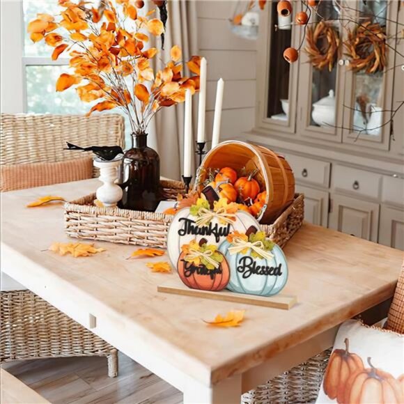 3 Pcs Fall Pumpkin Decor Wooden Table Sign Thankful Blessed Grateful Tabletop - Picture 6 of 8